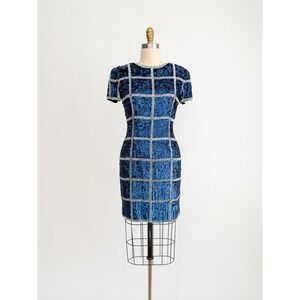 navy blue sequin beaded‎ dress 80s vtg silk cocktail mini dress XS-S